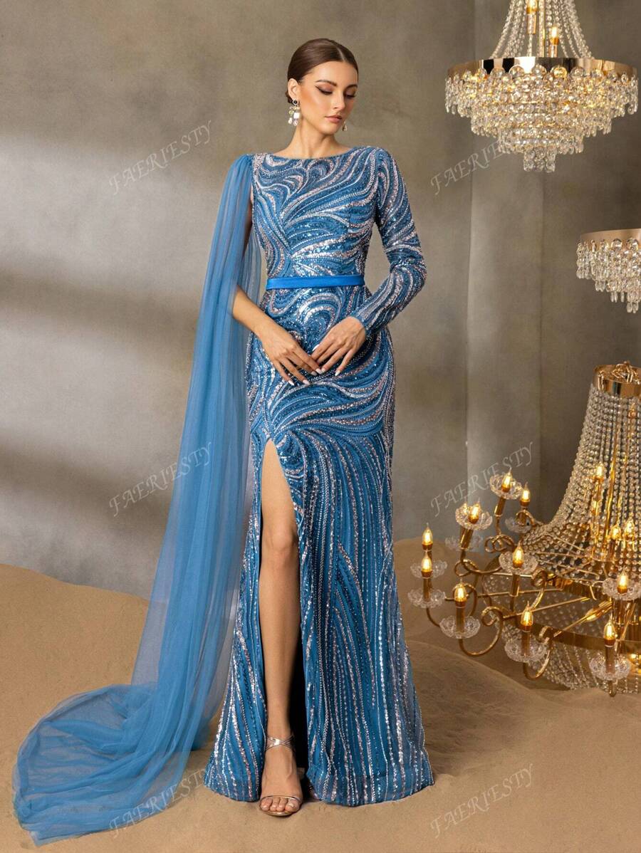 Round-Neck Long-Sleeve Beaded Sequin Evening Gown With Sheer Organza Cape, High-Slit Fish-Tail Hem Elegant Dress – Perfect For Red Carpet Galas, Black-Tie Weddings, Gala Dinners, Charity Balls, And Formal Award Ceremonies