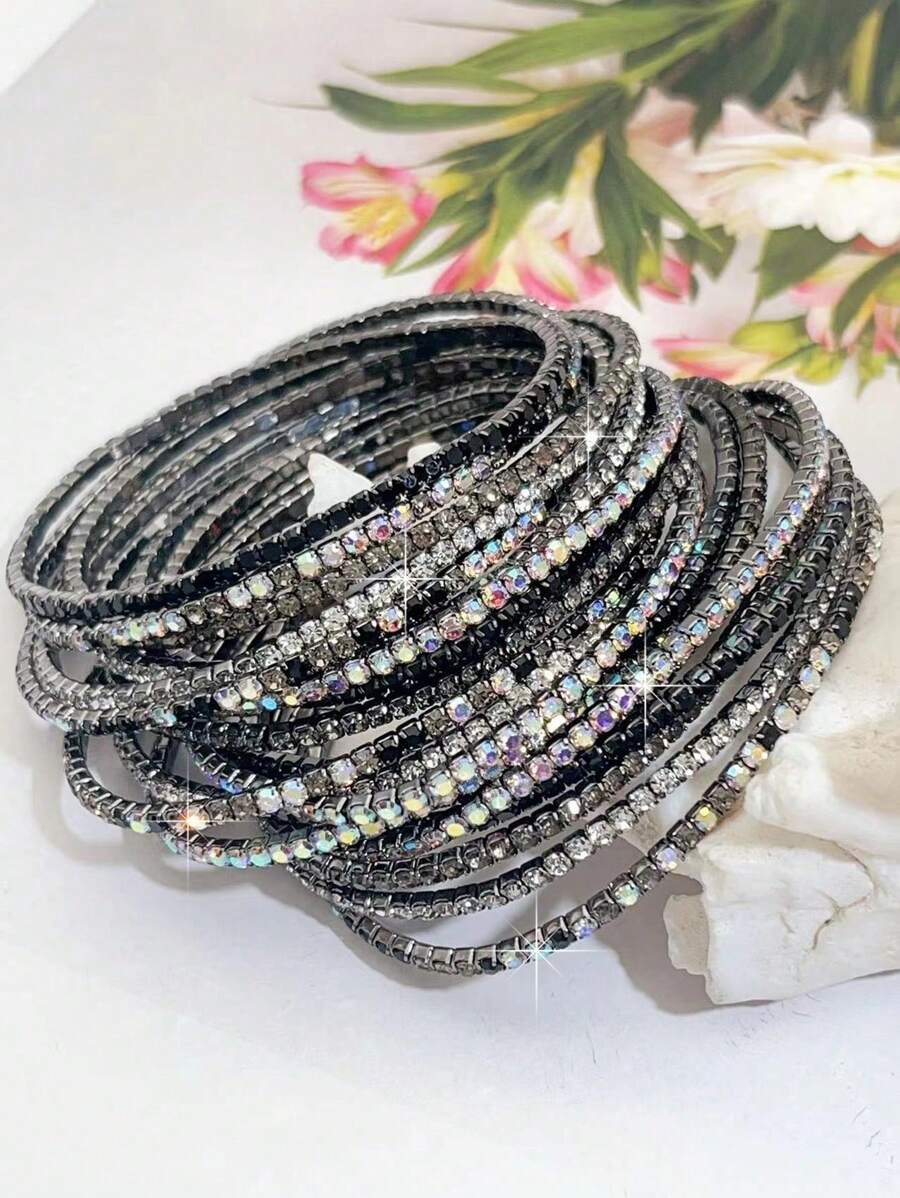 1 conjunto de brazaletes de lujo con cristales de color negro, gris, negro y gris que combinan con blanco, pulsera elegante para uso diario y fiestas