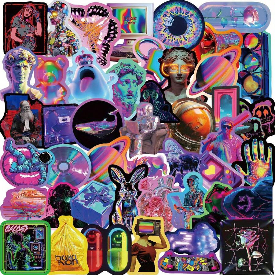 52pcs Colorful Edge Cyberpunk Style Cartoon Decals Graffiti Vinyl Waterproof Stickers Decorated Suitcase Water Bottle DIY Phone Laptop Computer Skateboard Luggage Helmet Self Adhesive, School Supplies,Back To School