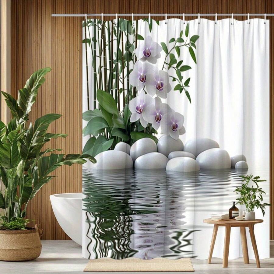 1 Piece Zen Style Pond Shower Curtain, Featuring White Pebbles, Orchids And Bamboo Poles, Durable Polyester Fabric, Machine Washable, Comes With 12 Hooks, Suitable For Bathroom Decoration, Back To School