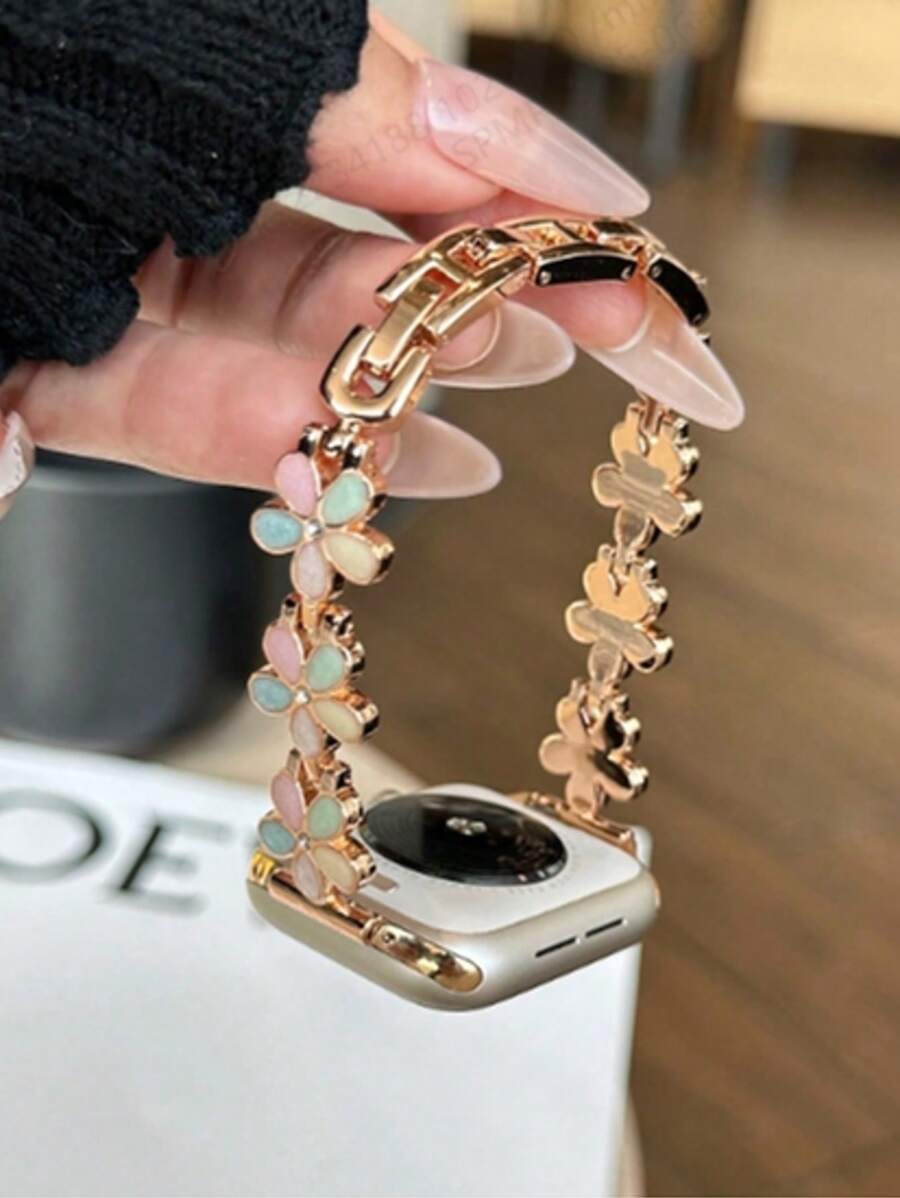 1 Stück bunte Roségold Blume mit fünf Blütenblättern Metallband kompatibel mit Band 38mm 40mm 41mm 42mm 44mm 45mm 46mm 49mm, Damen Fashion Armband Stil, geeignet für Series Ultra S10/9/8/7/6/5/4/3/2/1 Smartwatch (Uhr nicht enthalten), bestes Geschenk für Freundin und Freunde