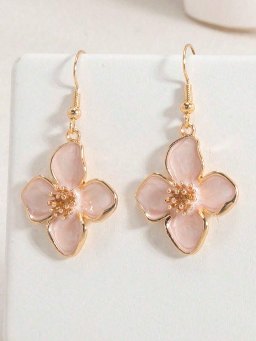 1 Paar Mode High-End Luxus elegante süße vielseitige Emaille-Blumen-Ohrringe mit vier Blütenblättern in Rosa, geeignet für den täglichen Gebrauch und den Urlaub, Frühling/Sommer
