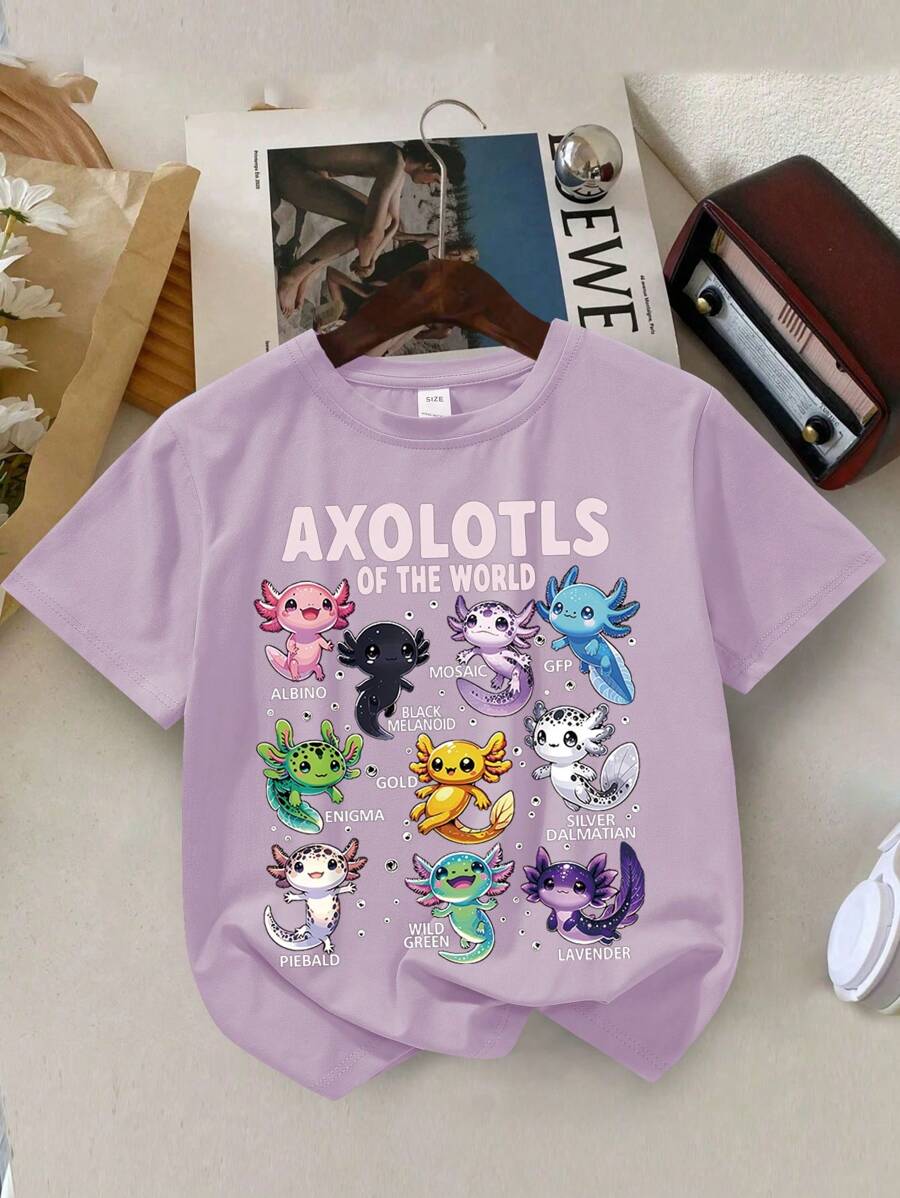 Young Girl Cute Bubble Dragon Print T-Shirt, Casual Crew Neck Pullover, Summer