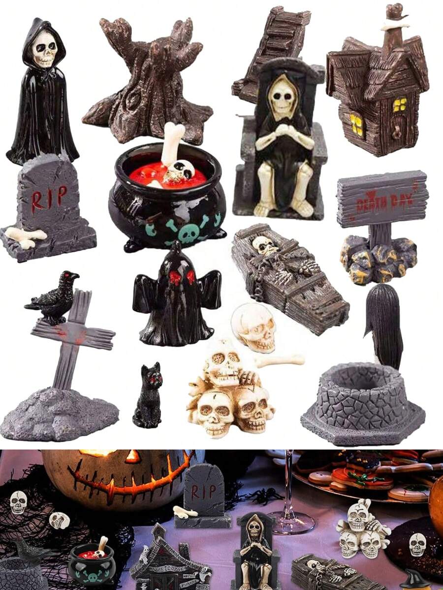 6pcs-Halloween Miniature Statues Resin Ghost Tombstone Skull Scene Decorations Halloween Garden Accessories Mini Halloween Decorations Outdoor Home Village Crafts Decorations Front Yard Patio Lawn Garden Party And Halloween