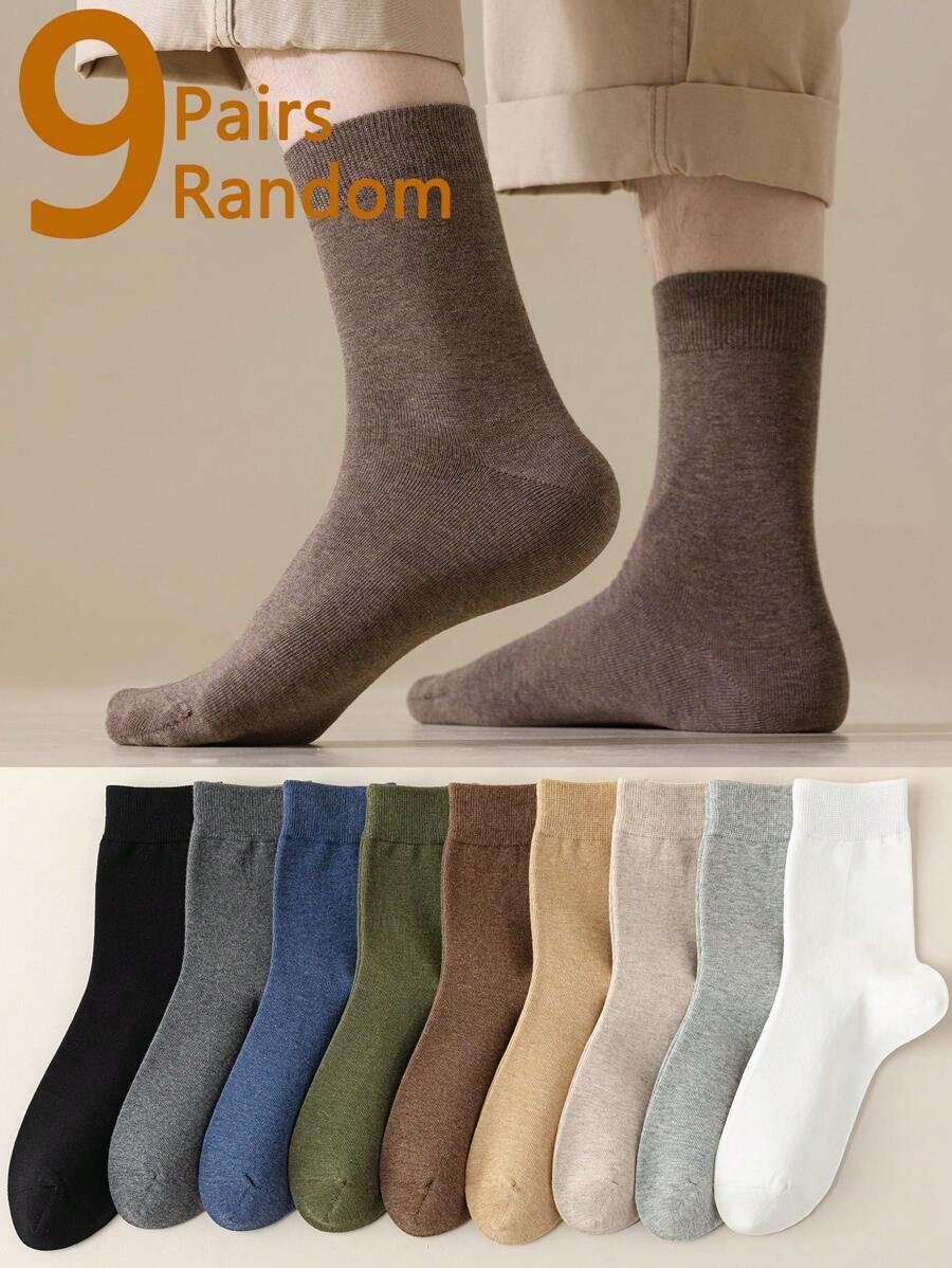9 Pairs Men Solid Color Mid-Calf Socks, Soft & Comfortable, Versatile Long Socks Suitable For Daily Wear, Casual, Sports, Business, Autumn/Winter
