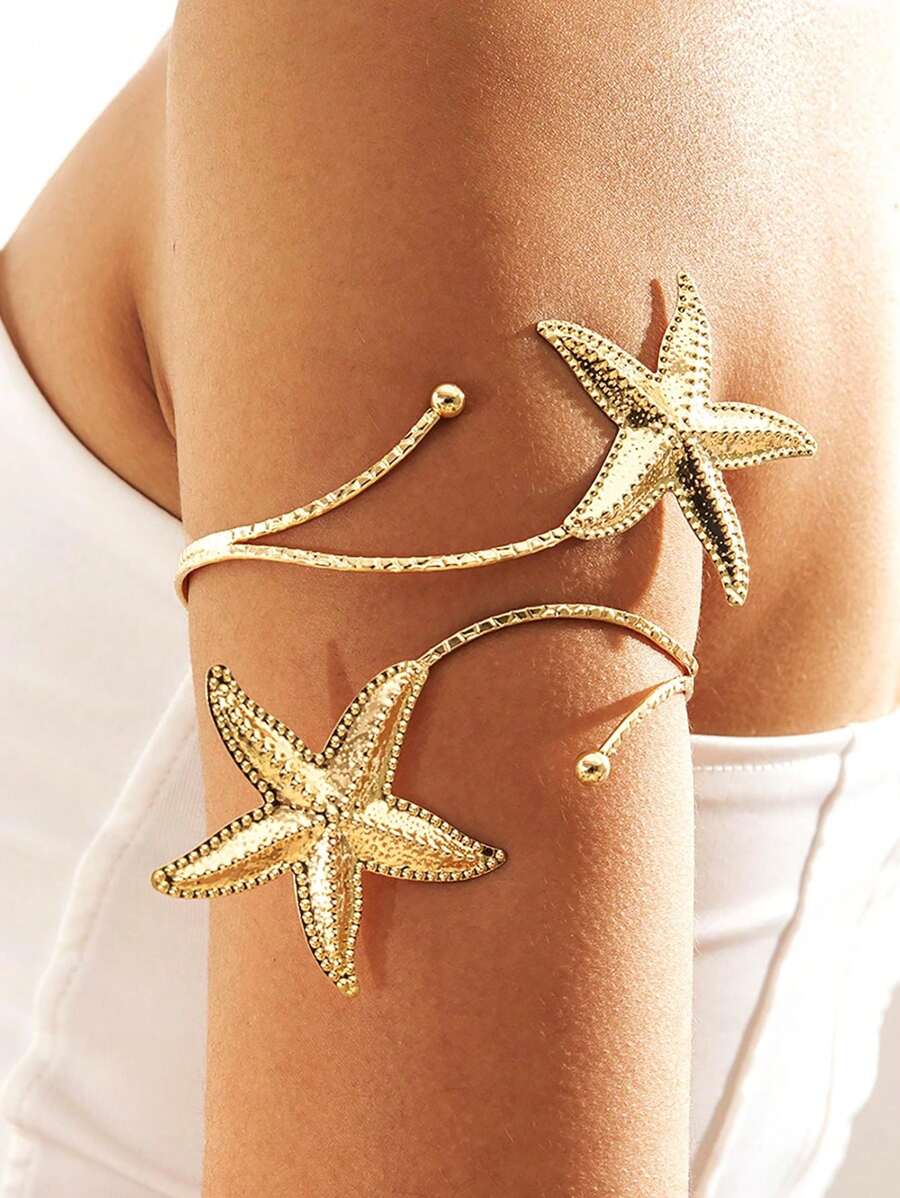 1pc Summer Beach Resort Style Luxury Casual Elegant Golden Starfish Arm Cuff For Women, Suitable For Daily Outfit, Beach Holiday