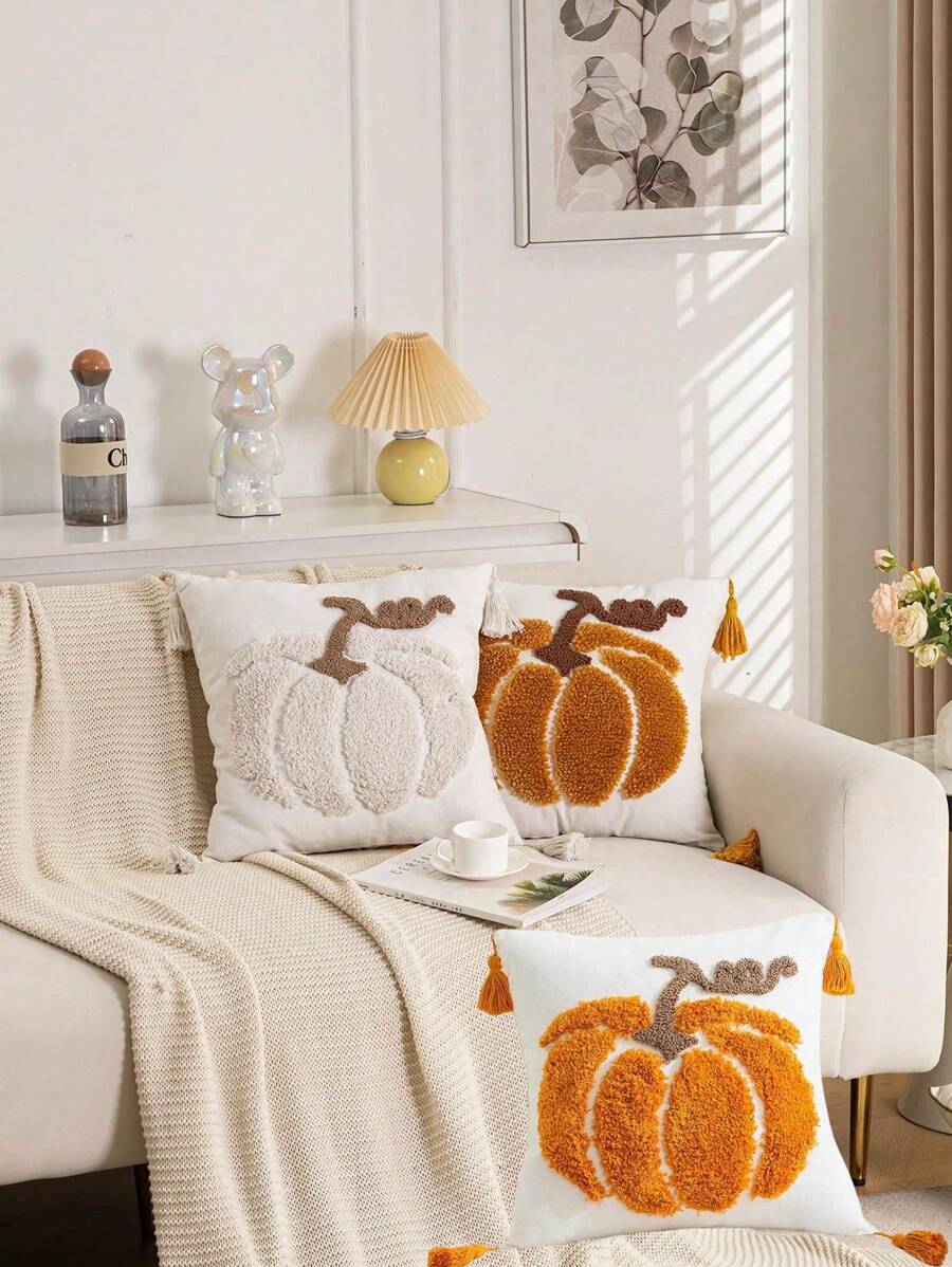 1pc/3pcs Set Pumpkin Pattern Plush Pillow Cover, Velvet Embroidered Cushion Cover, Daily Home Bedroom Headboard Sofa Car Outdoor Garden Household Decorative Pillowcase, Seasonless, Without Insert, 45*45cm