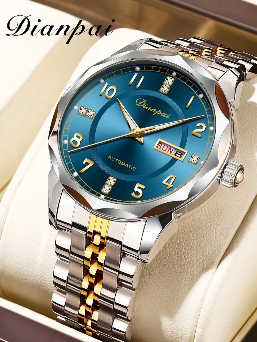 1 pieza Reloj mecánico de hombre, con diamantes, luminoso, de acero inoxidable, automático, con calendario y exhibición de día de la semana, regalo