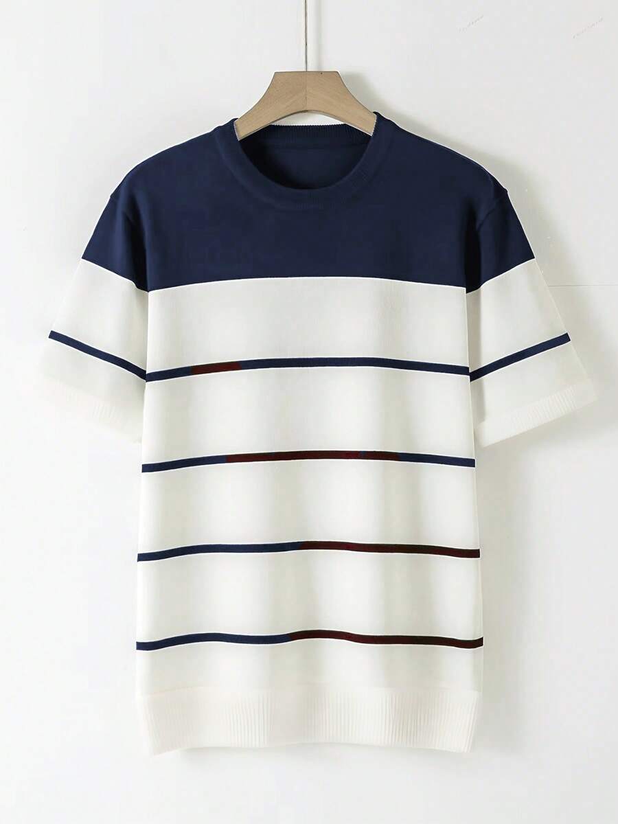 T-shirt girocollo a maniche corte in maglia da uomo - a blocchi di colore blu navy e bianco - con motivo a righe - tessuto confortevole - design alla moda per uso casual quotidiano e uscite del fine settimana