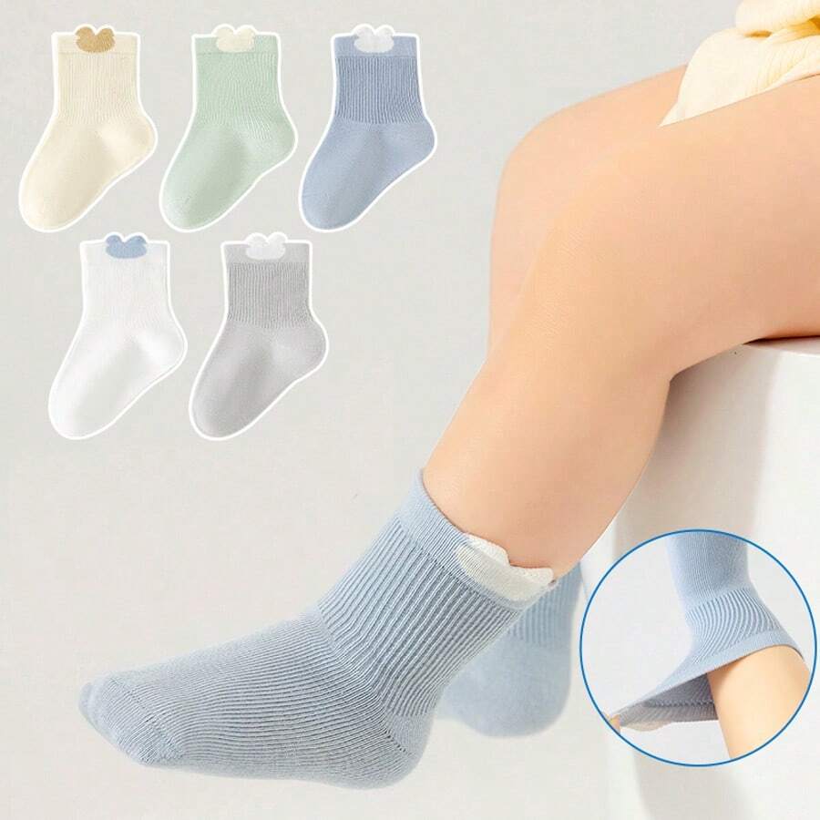 5 Pairs Baby Socks, Thin Mid-Calf Breathable For Newborns & Infants, Spring/Autumn, Non-Binding Up To 1 Year Old