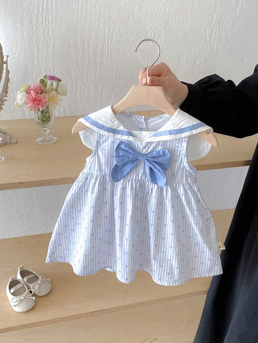 Robe d'été pour bébé fille au style marin avec nœud papillon et imprimé en forme de cœur
