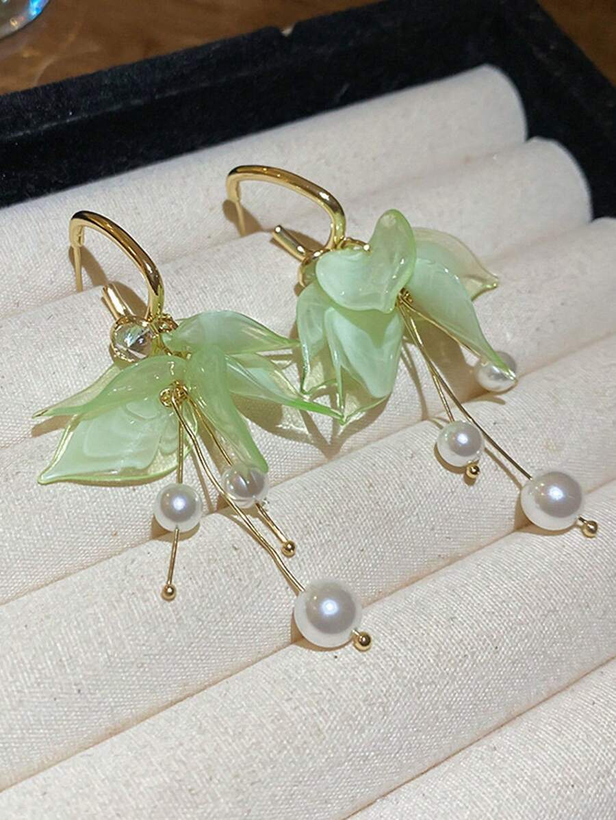 1 Pair Natural Floral Petal & Pearl Elegant Earrings For Women, Suitable For Wedding, Party, Valentine's Day