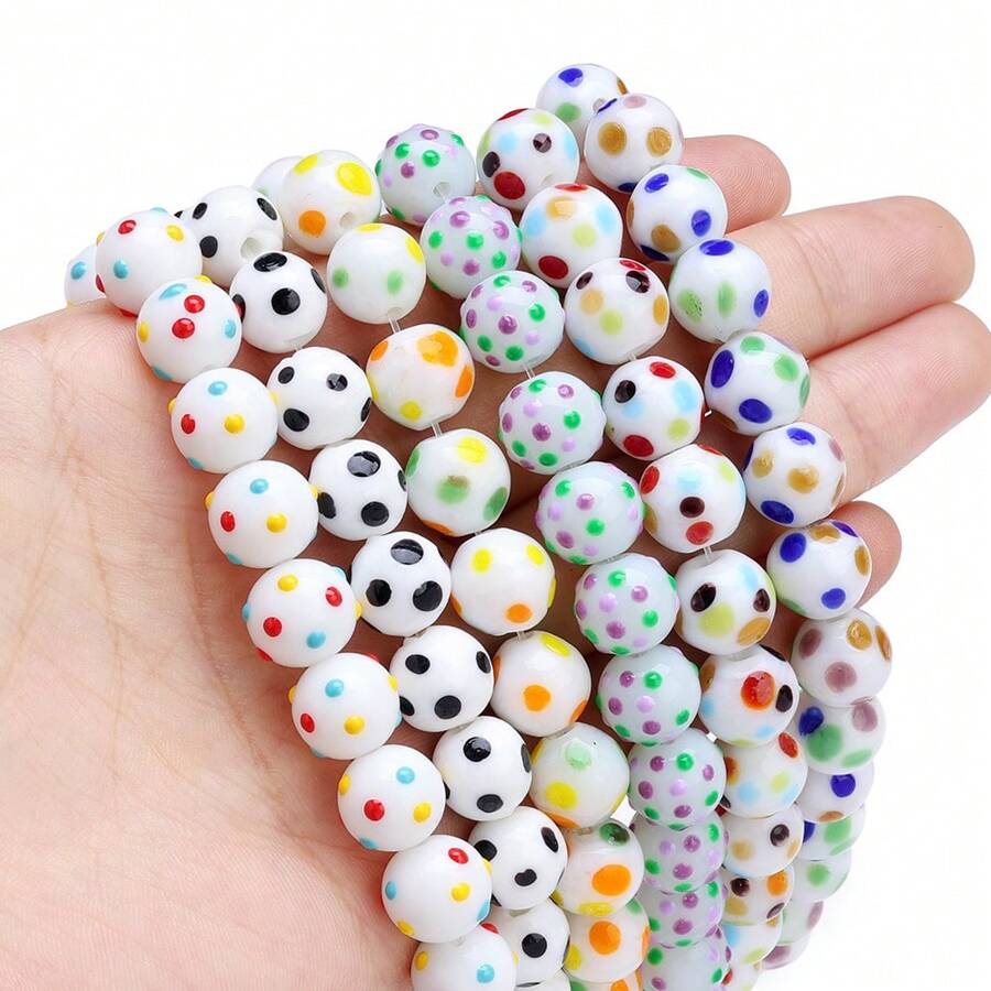 10 peças de contas redondas de vidro com bolinhas decoradas em cores doces para fazer joias, pulseira, colar, corrente de telefone, suprimentos para artesanato