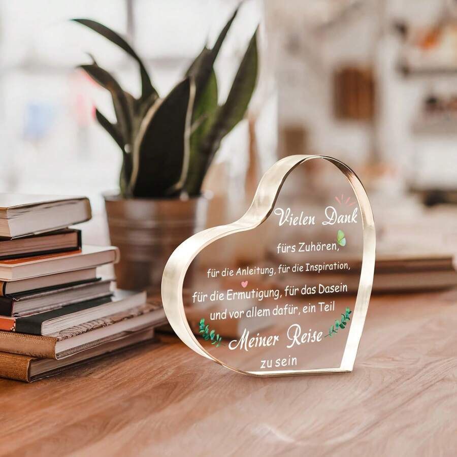 1pc Heart-Shaped Acrylic Thank You Plaque For Teacher, Mentor, Or Boss – German Inspirational Quote Sign For Desk Decor, Office Display, Or Graduation Gift – Elegant Farewell Or Holiday Appreciation Keepsake