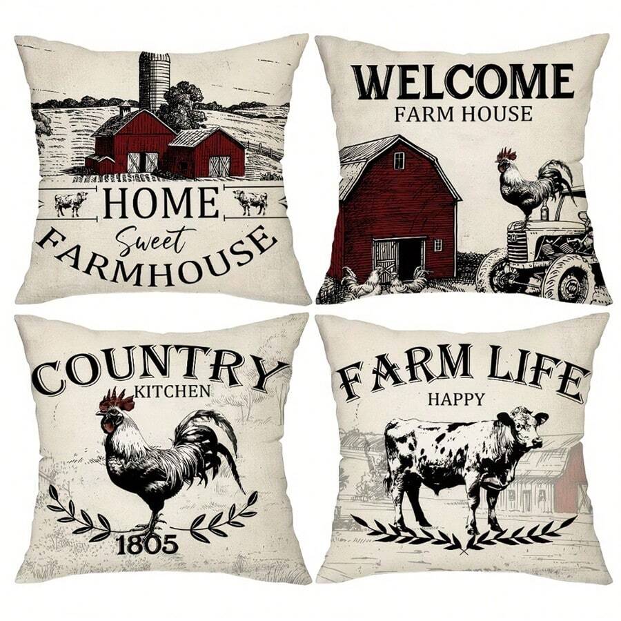 4pcs, Vintage Farmhouse 4pcs Throw Pillow Covers - Polyester 100%, Single-Sided Print, 16x16 18x18 20x20 Inches, Retro Home Cushion Covers - For Porch Patio Couch Sofa Living Room Outdoor Decor - Set Of 4 Without Pillow Inserts