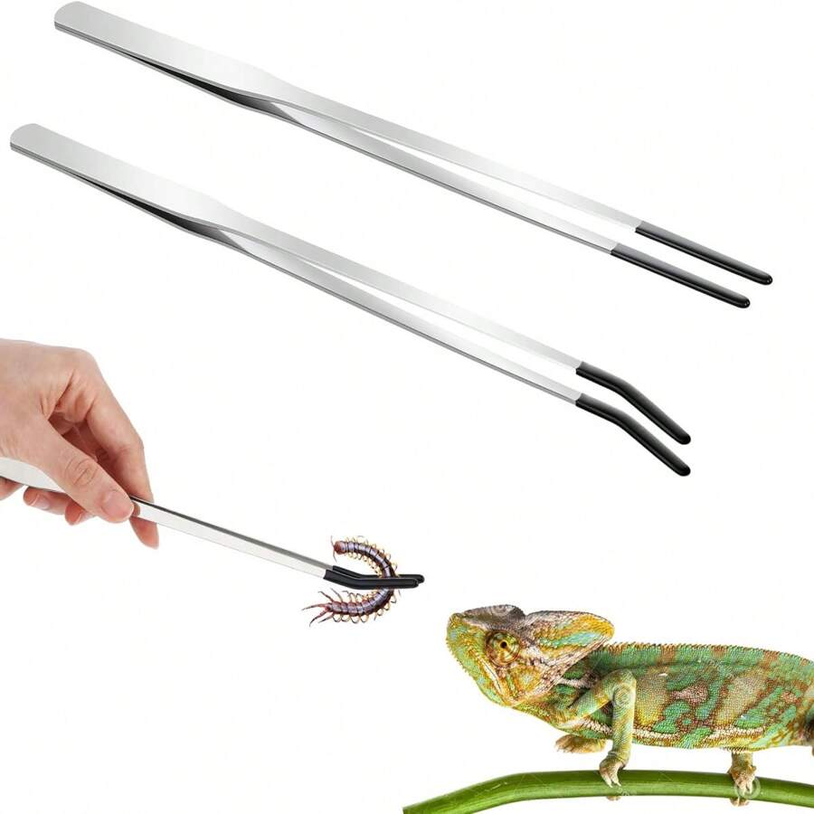 2pcs Straight And Bent Stainless Steel Pet Feeding Tongs, Reptile Food Tools With Rubber Tips, Suitable For Reptiles, Lizards, Geckos, Spiders, Snakes, Aquarium