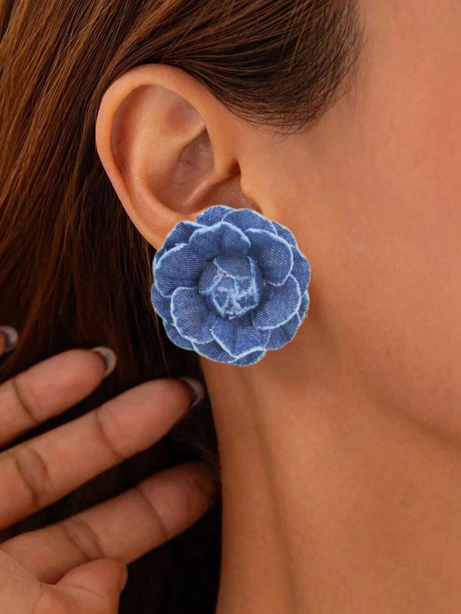 BMOR 1 par de aretes de vaquero retro con camelias y aretes de flor de denim 3D personalizados y exagerados, adecuados para el uso diario de las mujeres