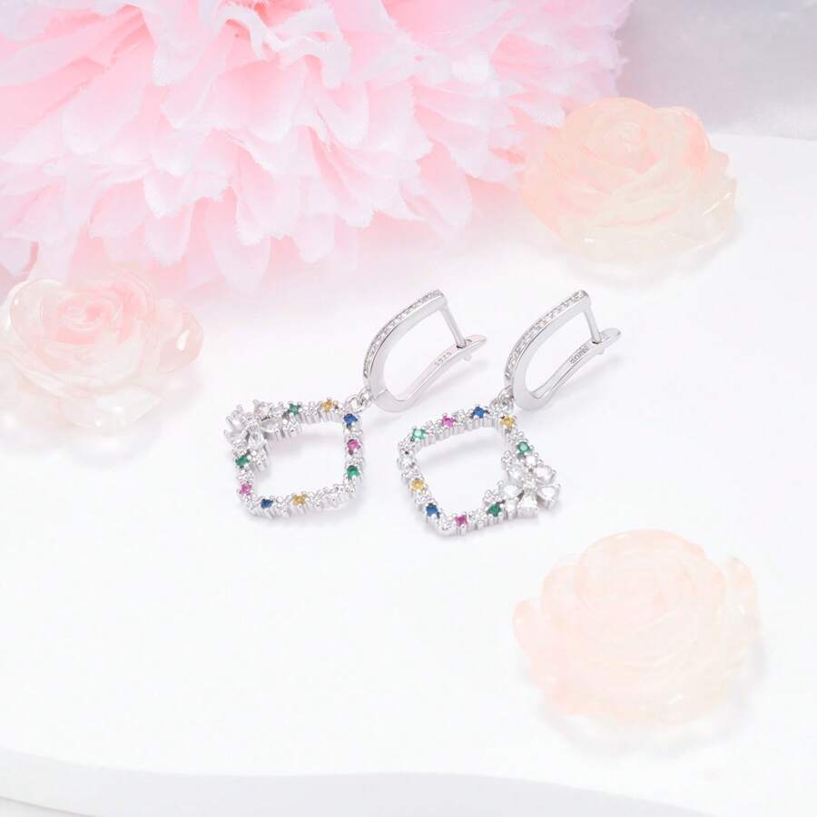Orecchini in argento sterling, orecchini di moda con pendente a fiore in zirconia cubica colorata, adatti per uso quotidiano, regalo di compleanno e festa della mamma