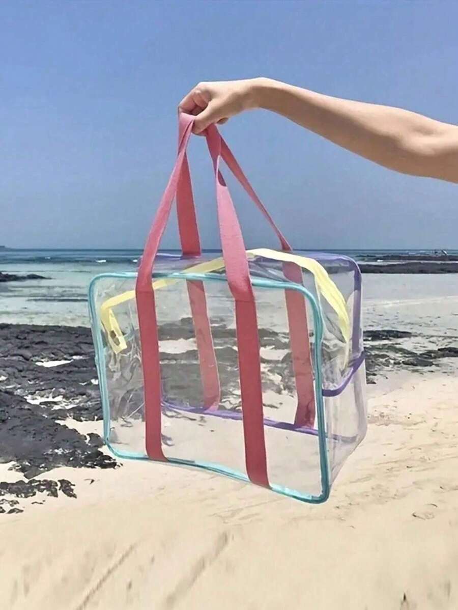 1/2pcs Transparent Macaron Color Jelly Bag For Ladies, Large Capacity PVC Transparent Beach Bag, Handbag, Cosmetic Storage Bag, Toiletry Bag, Bathroom Waterproof Swimming Storage Bag, Single Shoulder Toiletry Bag, Beach Bag, Holiday Bag, Summer Vacation Essential. Suitable For Home Storage, Swimming, Seaside Vacation, Travel And Other Occasions. (There Are Two Sizes To Choose From)