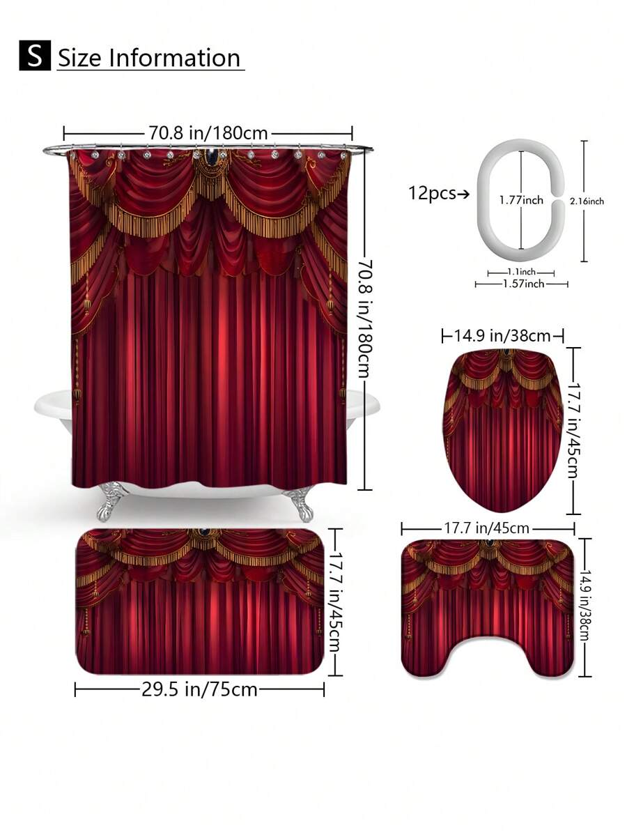 1pc/4pcs Luxurious Red European Noble Style Shower Curtain Set | Classical Luxury Romantic French Style Shower Curtain, Shower Curtain Fabric Bathroom Decoration Curtain With 12 Hooks, Non-Slip Bathroom Mat Toilet Mat Set, Bath Mat, Toilet Seat Mat, Non-Slip U-Shaped Mat, With Shower Curtain Hooks 12 Back To School
