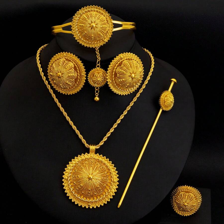 6 Peças/Conjunto Clássico Árabe Conjunto de Joias Cor Dourada: Colar Flor Pingente Anel Brincos Pulseira Headchain Tiara, Para Noiva Africana Casamento, Presente de Festa de Feriado