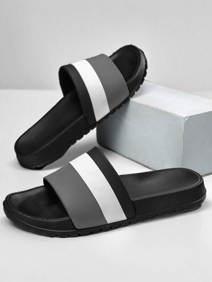 Teenagers' Gray & White Contrast, Casual Beach/Outdoor Slippers, School/Bathroom/Pool Slides, Sports Sandals, Thick & Soft Comfortable