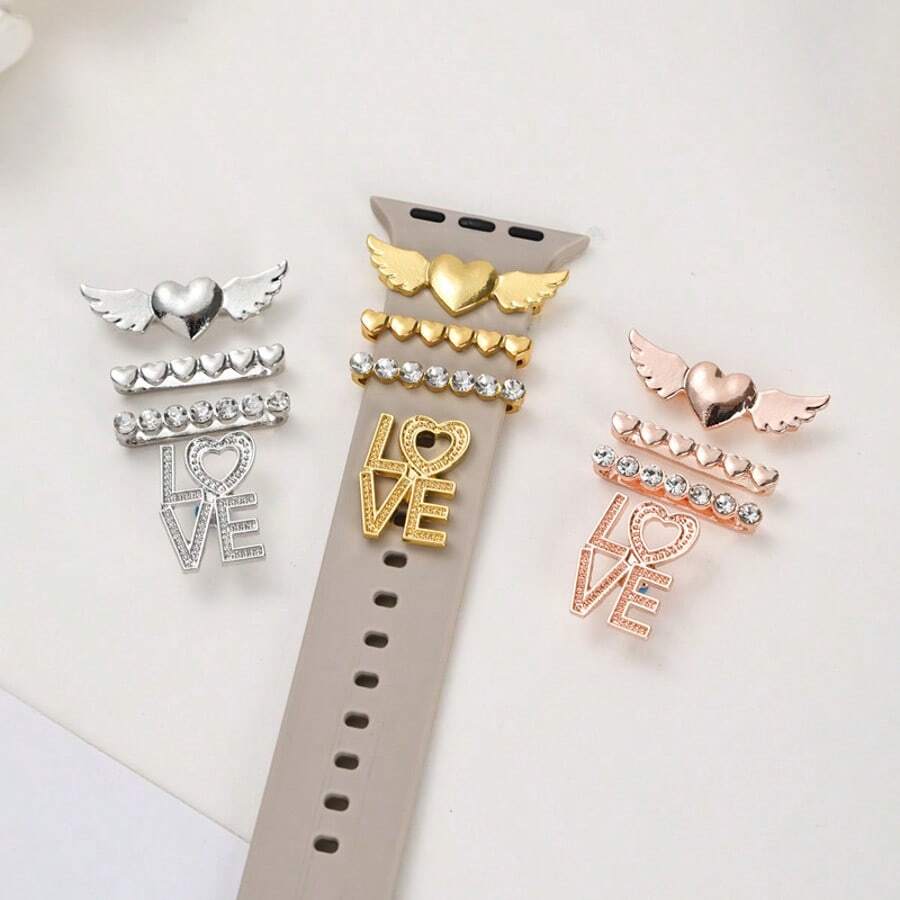 4 Peças Anéis Decorativos da Série Amor e Asas para Pulseiras de Relógio, Adequados para Pulseiras de Série, Decorações de Pulseiras de Relógio Inteligente, Presente do Dia dos Namorados para Meninos e Meninas