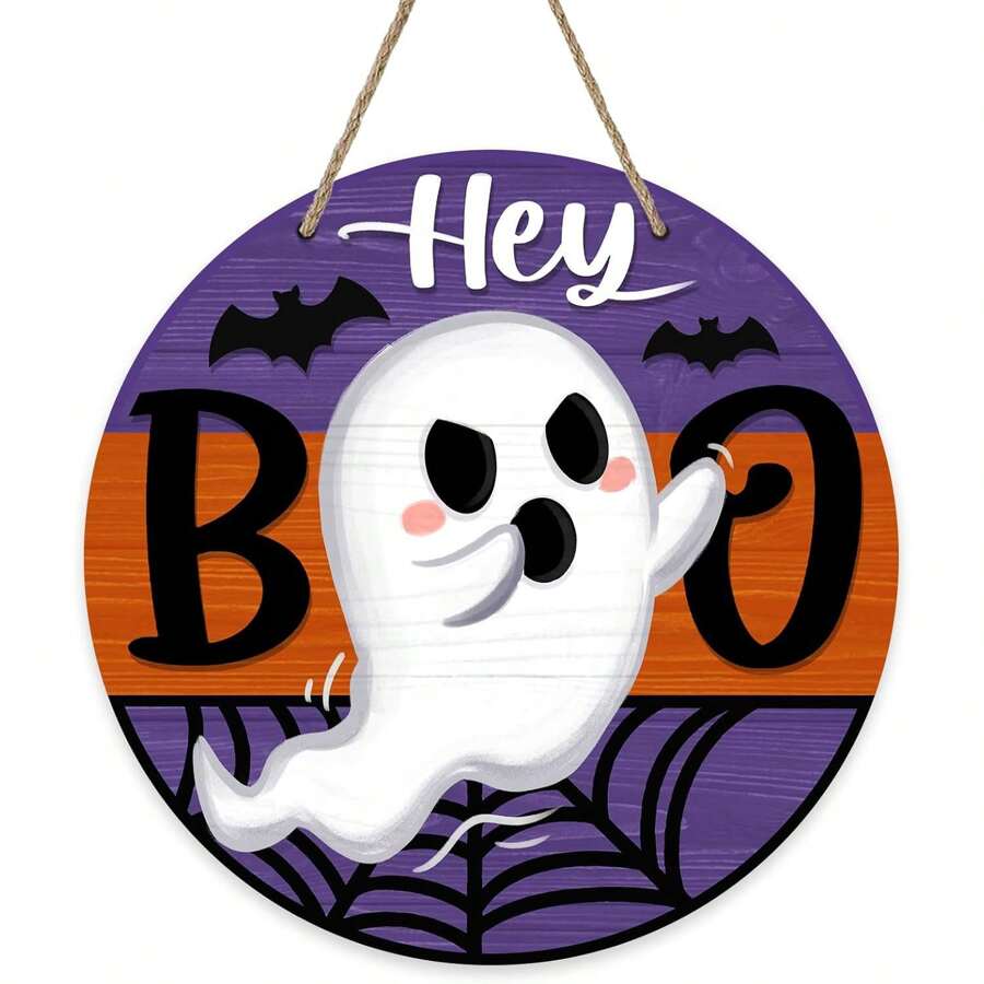 Halloween "Hey Boo" Geist Schild für Vordertür Dekoration, gruselige Spinnennetz Fledermaus Holz Türhänger für Außen Veranda, Herbst witziger Holzkranz Feiertags Party Innen Wanddekoration