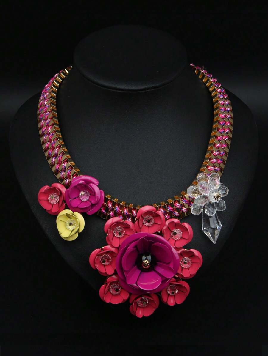 1pc Luxury Gem Flower Pendant Necklace, For Women's Party/Event Dress Up, European & American Style