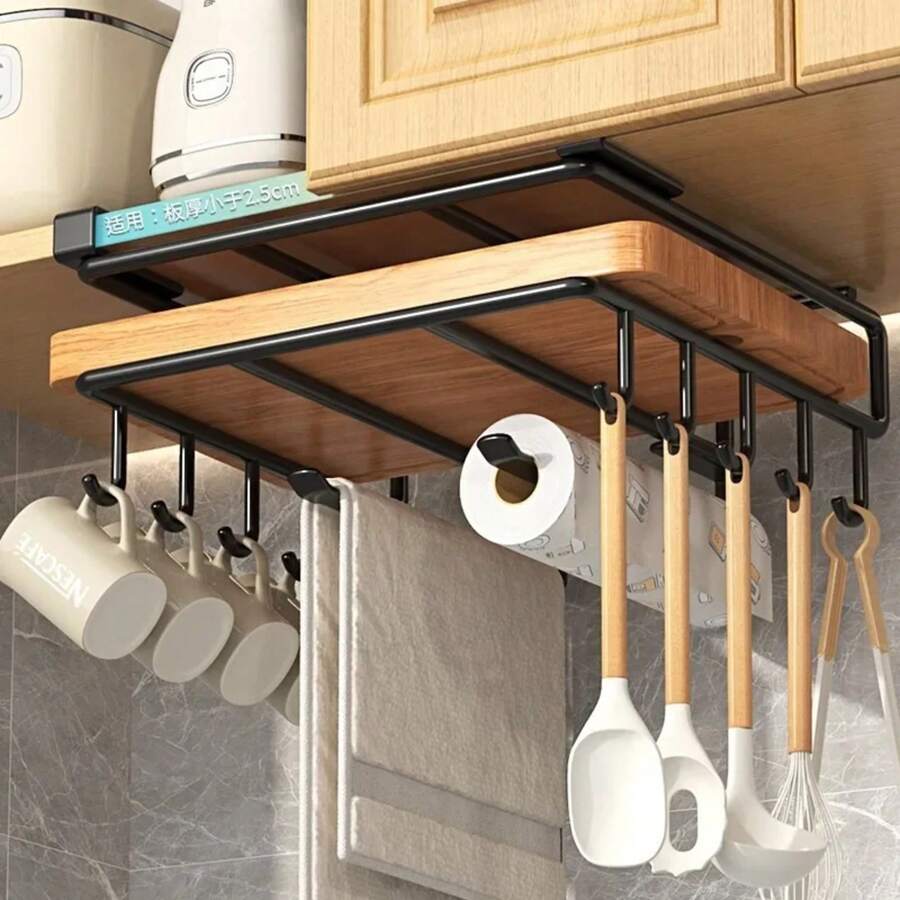 Kitchen Hanging Organizer Rack With Hooks Under Cabinet Paper Towel Dishcloth Hanger Cutting Board Pot Cover Holder Storage Shelf