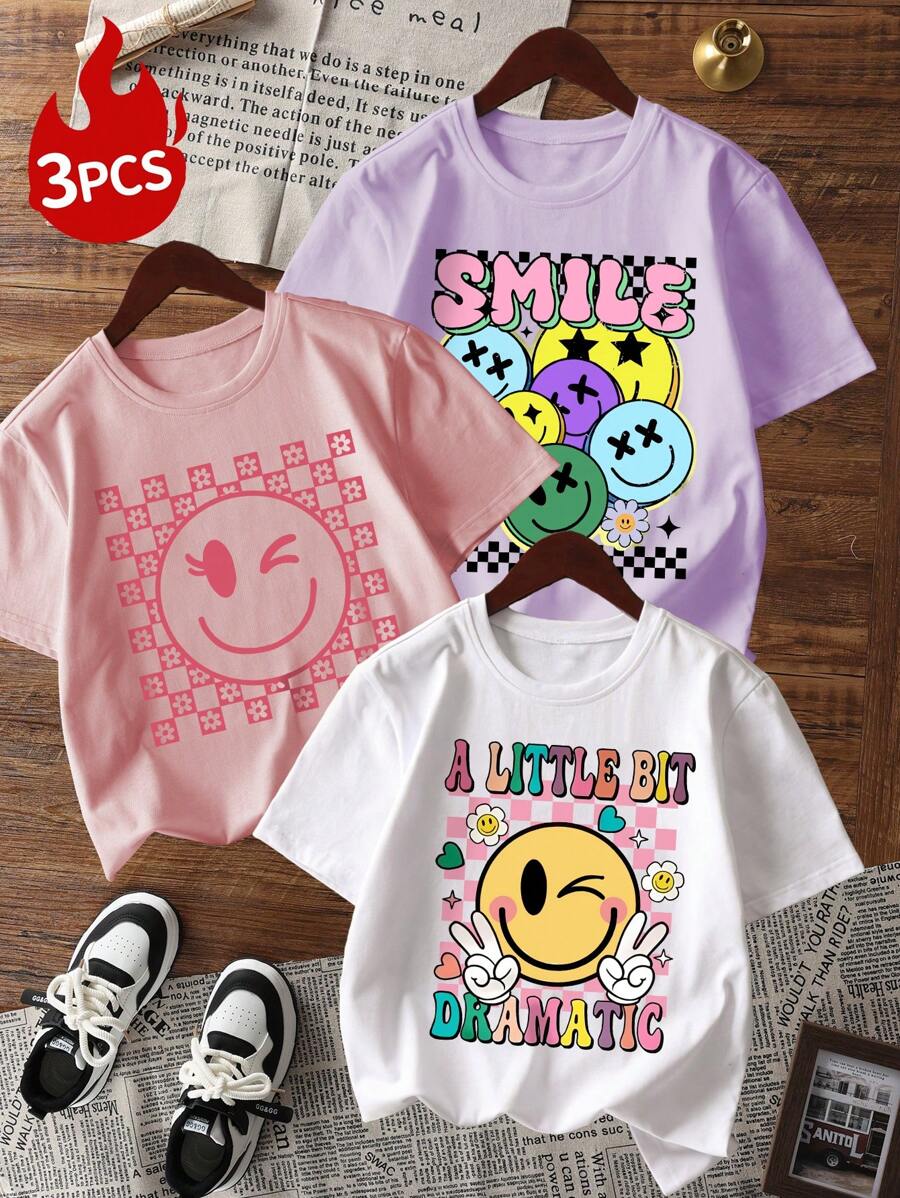 Paquete de 3 camisetas de manga corta y cuello redondo informales estampadas para niñas, con diseño de conejo bonito, ropa de verano para estudiantes y niños, ¡que aporta alegría y felicidad a cada niño!