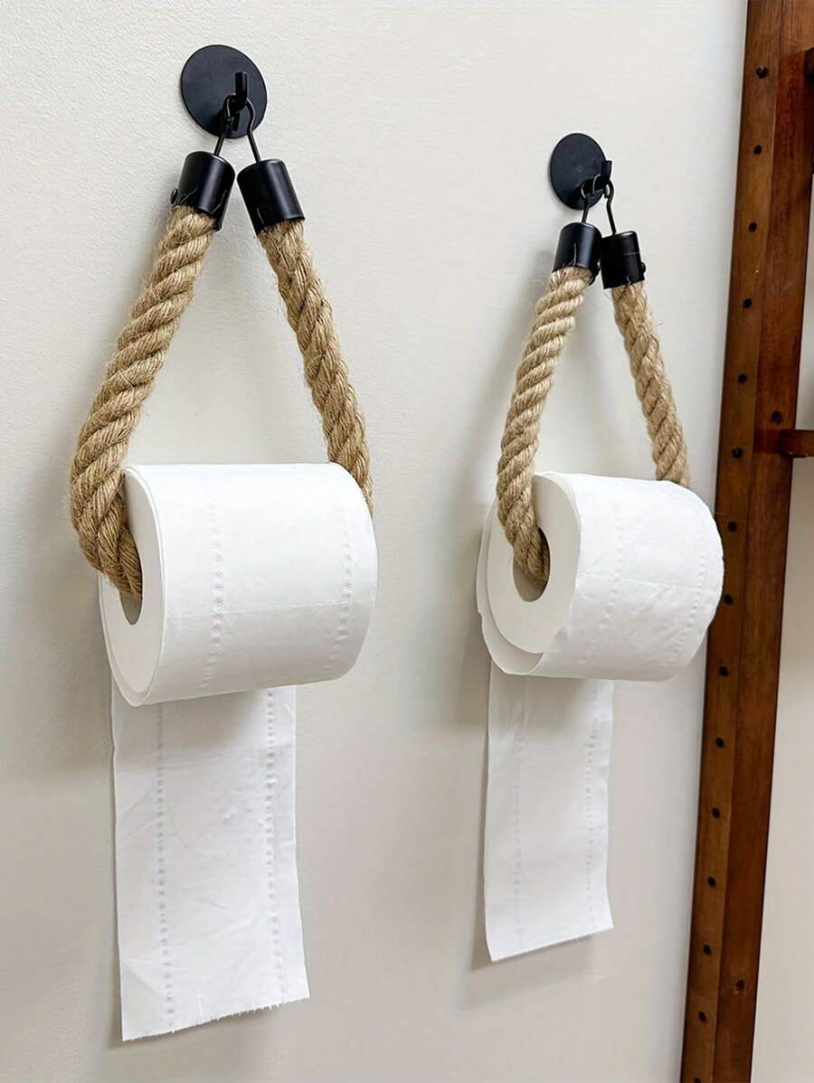 1 Stück polierter Metall- und Stoff Selbstklebender Wandmontierter Toilettenpapierhalter, mit Kordel Design - Einfache Installation, modisches Badaccessoire, für Handtücher oder Toilettenpapier, rustikale Heimdekoration | Strapazierfähige Konstruktion, Wandmontierter Toilettenpapierhalter
