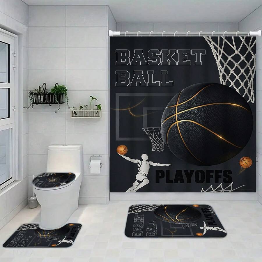1/4 pièces Ensemble de rideaux de douche thème basket-ball, en tissu de polyester imperméable, style minimaliste moderne pour la décoration de la maison. Tapis de bain en forme de U, tapis de bain antidérapant, avec 12 crochets Back to School
