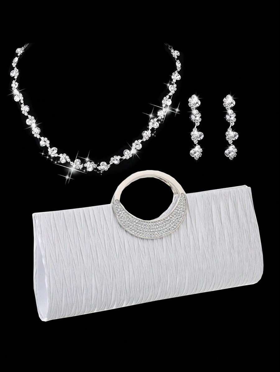 3 Peças/Conjunto Bolsa de Mão Elegante e de Luxo para Mulheres com Corrente de Cristal, Clutch, Pulseira para Vestido de Festa à Noite