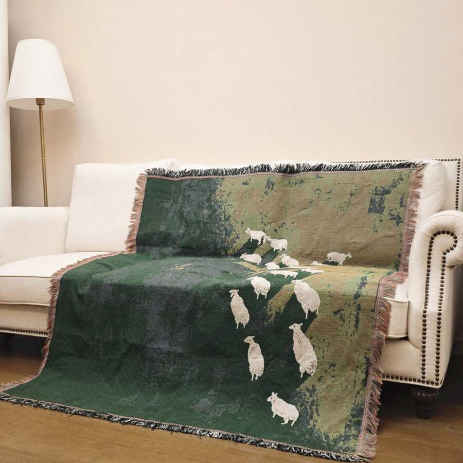 La pequeña oveja en la pradera Manta tejida jacquard de estilo bohemio con flecos, suave y gruesa, no impresa, resistente al desgaste y lavable, sin decoloración ni bolas, utilizada para decoración del hogar, sofá, silla, cama, tapicería, piso, jardín, picnic, al aire libre, camping