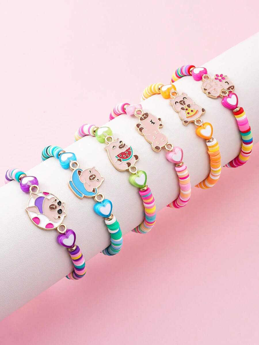 6 pz/set Braccialetto elastico in lega di zinco con ciondolo in argilla polimerica a forma di simpatico capibara per ragazze