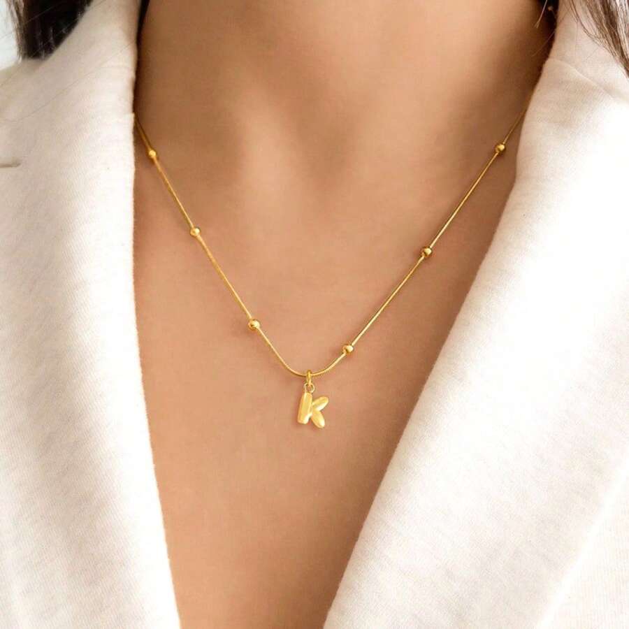 1 pieza Nuevo collar de moda con colgante de inicial de burbuja, cadena de cuentas de acero inoxidable dorado para mujeres