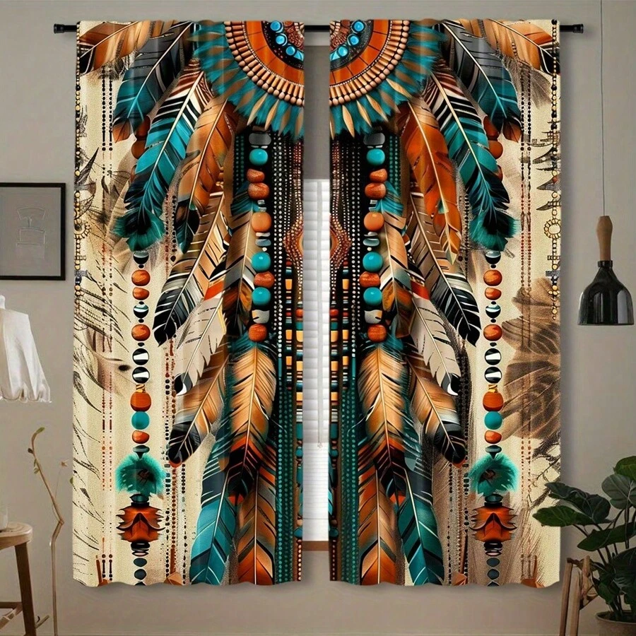 Bohemian Feather Pattern Semi-Sheer Curtains - 2pcs Polyester Pongee Woven Rod Pocket Drapes For Bedroom, Embossed Knit Fabric, Machine Washable Contemporary Window Treatments - Fashion Curtain Panels For Living Room & Office Decor