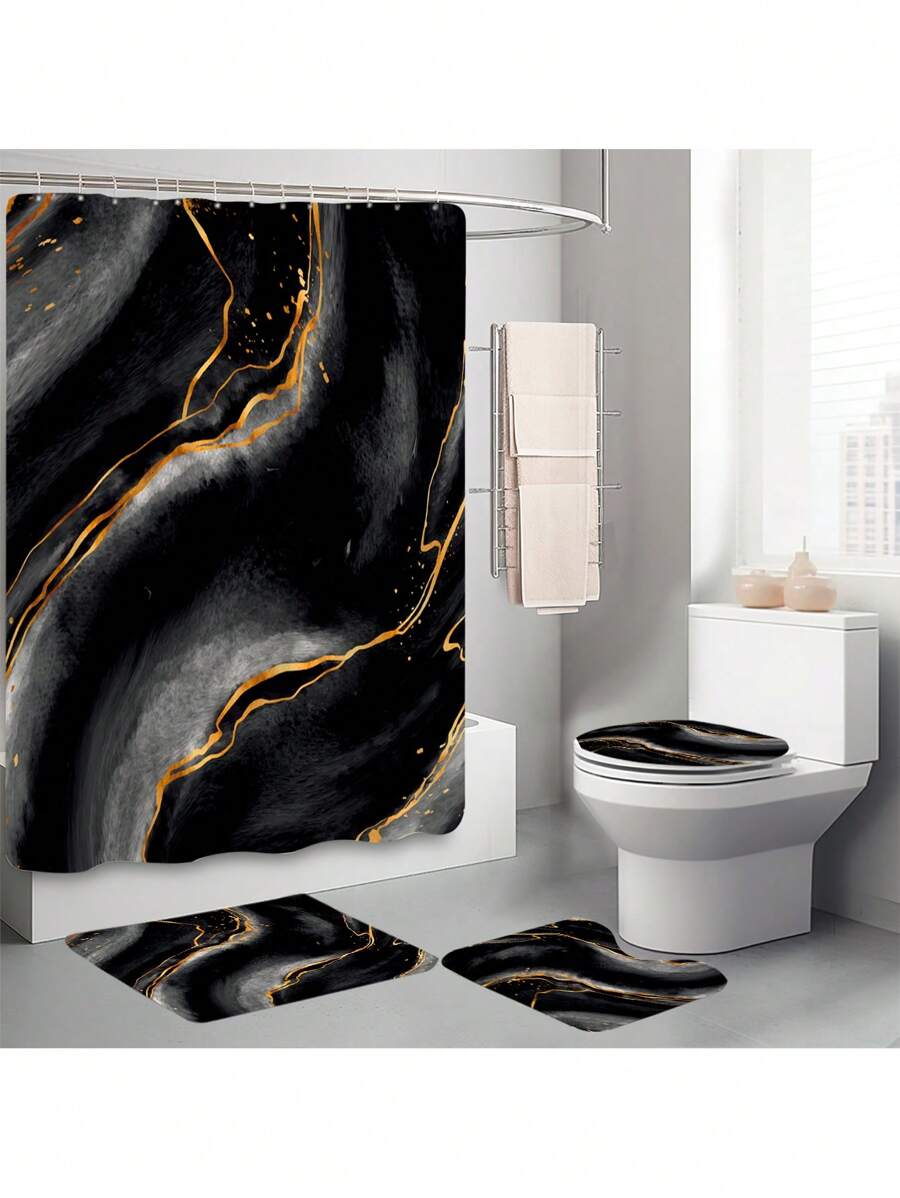 1pc/4pcs Black Marble Patterned Summer Shower Curtain Four Piece Set, Including Waterproof Shower Curtain, Non Slip Floor Mat, Toilet Seat Cover, And U-Shaped Mat, Complete Set Of Shower Curtain Kit, Twelve Hooks, Bathroom Decoration, Holiday Gift Back To School