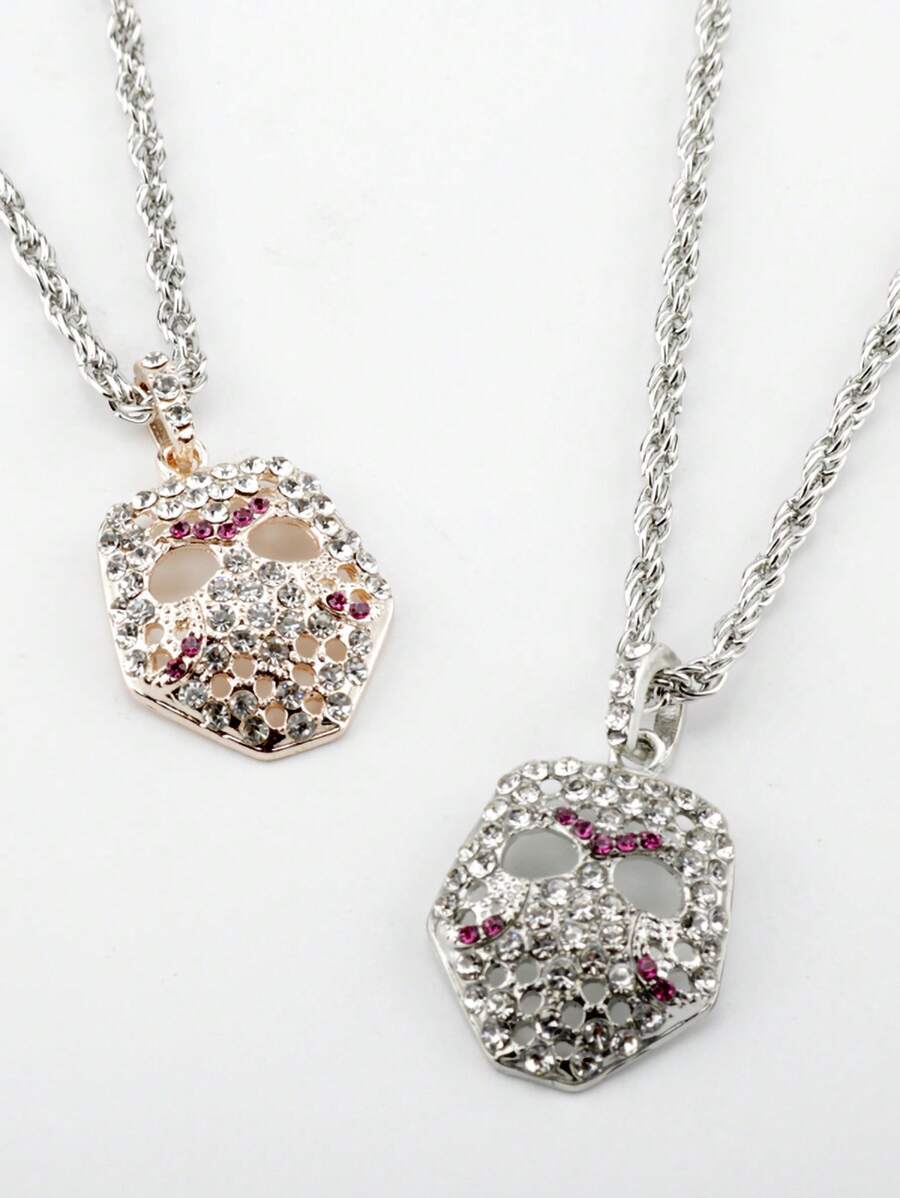 Vintage Rhinestone Decor Mask Pendant Necklace, Hip Hop Fashion Jewelry, European And American Style