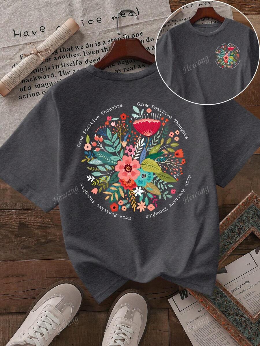 T-shirt a maniche corte con stampa floreale di stile romantico estivo, bianca e versatile, t-shirt a maniche corte da donna