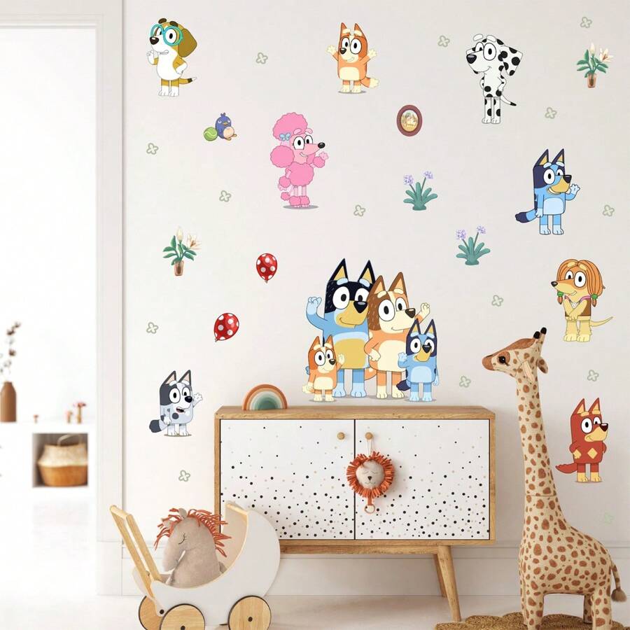 Bluey 1Pc Blueys Family And Friends Wall Decal 60*30CM Removable Wall Sticker Mural Home Room Decoration Bluey Bingo Dog Cute Coco Rusty Muffin Durable Party Decorative Accessories Ideal For Bedroom Living Room (Some Parts May Be Random)