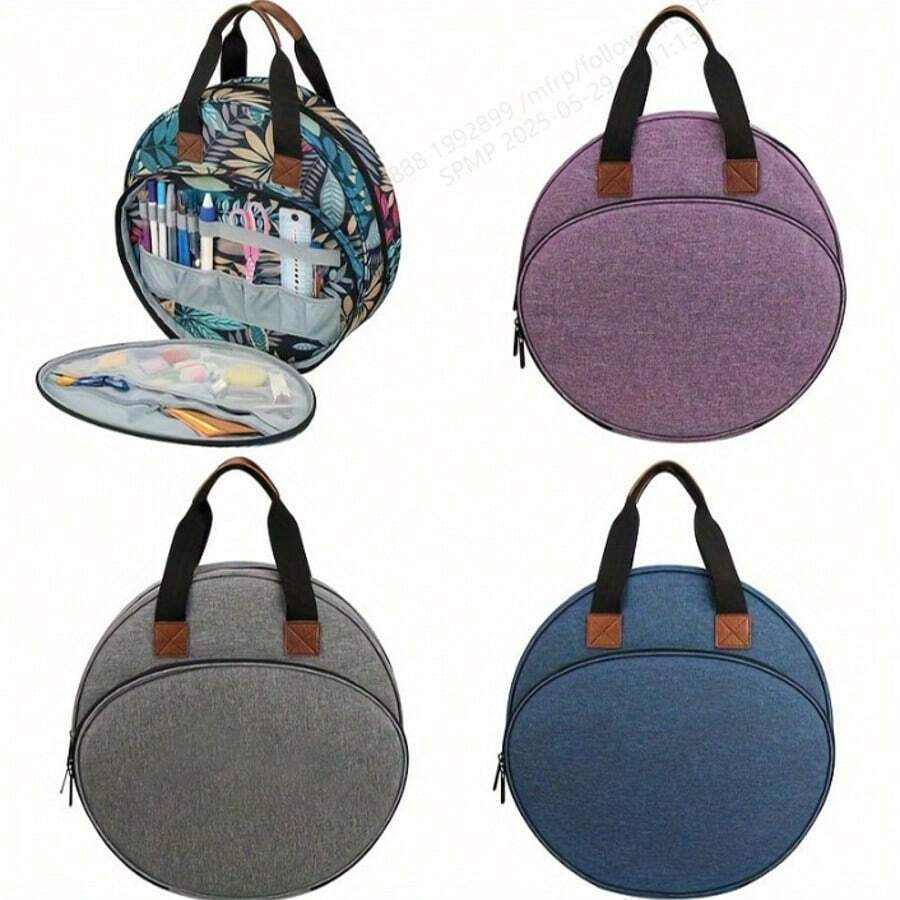 1 pièce Organisateur de boîte à couture ronde en canevas pour la broderie et la croix, avec pochette zippée pour les cerceaux, les graphiques et les fils, les fournitures de couture, convenant pour les crochet de laine, pour une utilisation en sortie