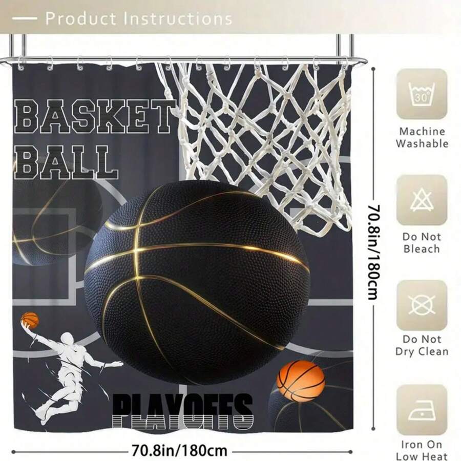 1 pièce de rideau de douche avec motif de basketball, en tissu de polyester opaque avec crochets. Décoration murale et de salle de bain pour la douche, convient pour toutes les saisons et les rentrées scolaires