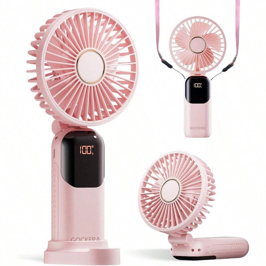 TFFFPortable Fan 4200mAh Battery Operated Fan 5 SpeedsandDigital Display Makeup Fans For Women With Base 180°Foldable 3in1 Handheld Neck Desk Fan For Outdoor Indoor Ultra Quiet Pink