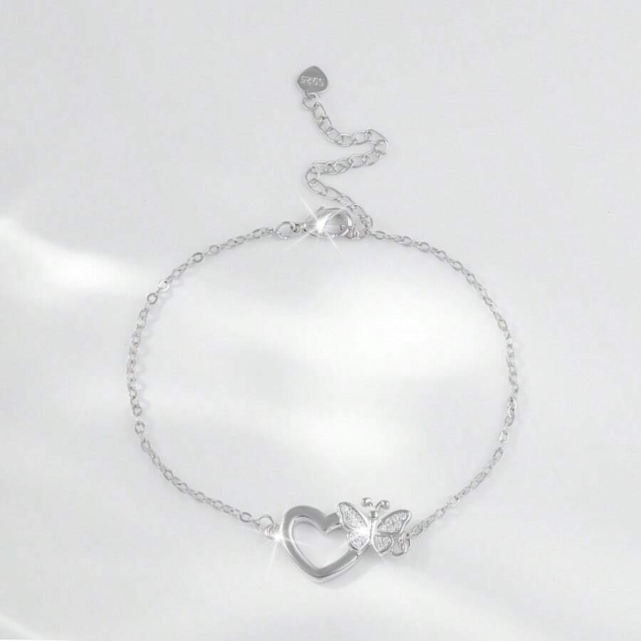 1 Stück elegantes Schmetterling-Herz 925 Silber Damen Armband mit Zirkonia Steinen, geeignet für Hochzeit, Feiertage, täglichen Gebrauch, Geschenke