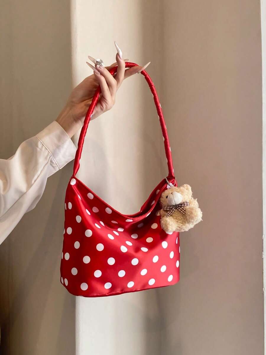 Adorable Red And Black Polka Dot Crossbody Bag For Women - Adjustable Shoulder Strap, Zipper Closure, Soft & Smooth Oxford Cloth Tote, Suitable For Beach, Travel, Work, Casual Wear, Playful Design, Quality Stitching, Compact Accessory, Student Accessory
