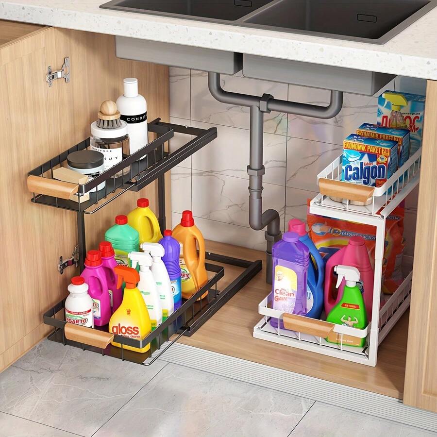 1pc Carbon Steel Under-Sink Storage Rack - Adjustable Multi-Tier Organizer For Kitchen & Bathroom Cabinets, Space-Saving Layered Shelves, No Power Needed, Bathroom Rack Organizer, Rustresistant Material