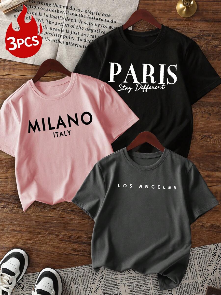 Conjunto de tres piezas de camiseta de cuello redondo casual con estampado para niñas, de manga corta, para estudiantes y niños pequeños en verano - ¡Las camisetas coloridas traen alegría y felicidad a cada niño! Ropa de niñas, camisetas gráficas de verano, ropa de niña preadolescente