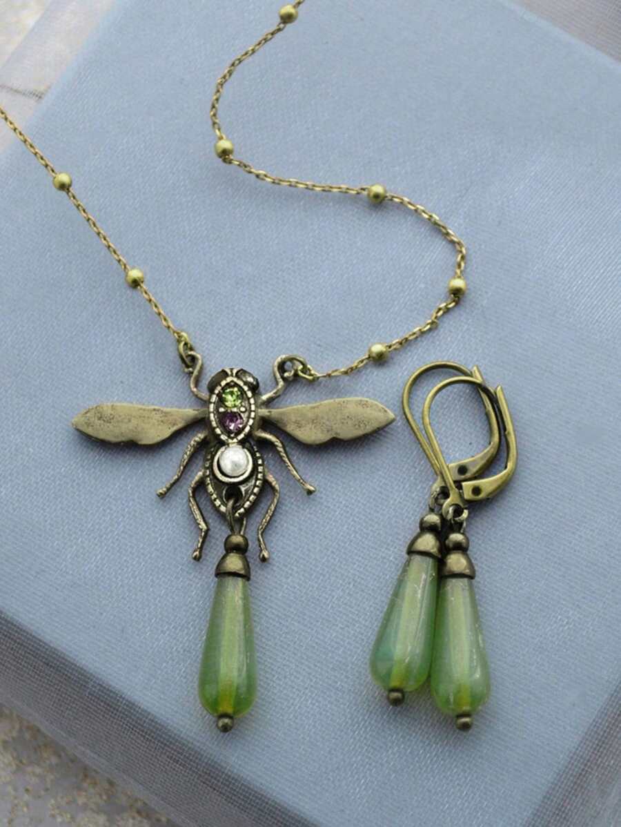 3pcs Dragonfly & Geometric Pendant Necklace Earrings Set, Vintage Style Classic Jewelry With Natural Stone, Zirconia, Pearl Decor For Women Party & Occasion